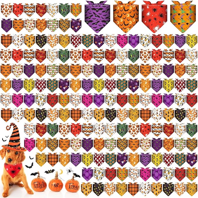 Aliceset 180 Pcs Halloween Dog Bandanas Bulk Halloween Bandana for Dog Adjustable Washable Pet Triangle Scarf Cute Kerchief Scarves for Pet Holiday Party Costume Photo Props Accessories Decorations