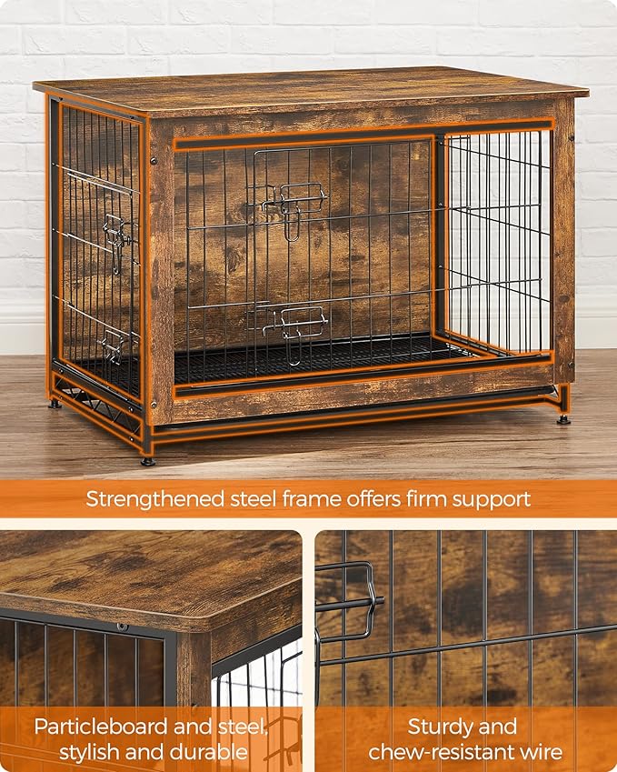 Feandrea Dog Crate Furniture, 38.6" Side End Table, Modern Kennel for Dogs Indoor up to 70 lb, Heavy-Duty Dog Cage with Multi-Purpose Removable Tray, Double-Door Dog House, Rustic Brown UPFC003X01