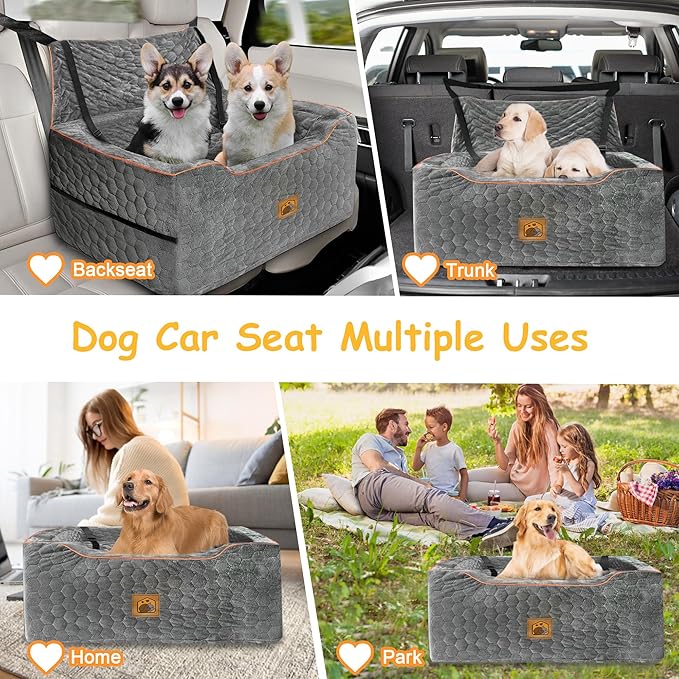 Dog Car Seat for Medium/Large Dog Booster Seat Under 60 lbs or 2 Small Dogs, Multi-Functional Pet Car Seat with Thick Cushion, 2 Safety Leashes (Gray)