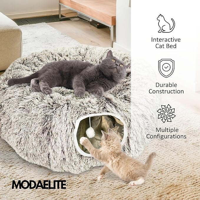 Cat Donut Bed with Washable Cushion – Cat Caves for Indoor Cats – Collapsible Donut Bed with Peekaboo Pet Tunnel Toy – Cozy Hideout for Kittens, Ferrets, Rabbits & Dogs - Brown