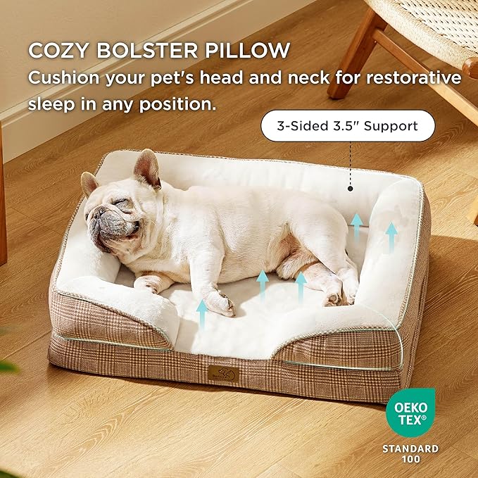 Bedsure Orthopedic Dog Bed Medium Size Dogs - Washable Medium Dog Cat Bed Waterproof, Comfort Pet Couch Sofa with Washable Removable Cover, Pets Bed with Nonskid Bottom, Plaid-Brown, 28"