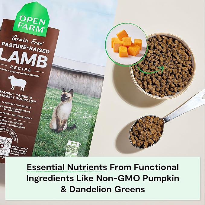Open Farm, Grain Free Dry Cat Food, High-Protein Kibble for a Complete & Balanced Diet, Non-GMO Fruits & Vegetables, Prebiotic Fibers to Support Digestion, Pasture-Raised Lamb Recipe, 4lb Bag