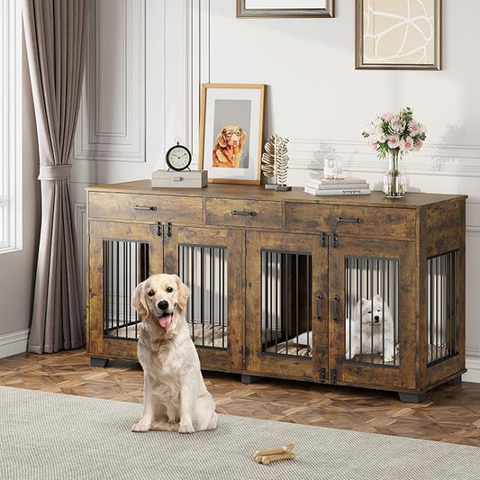71'' Dog Crate Furniture, Wooden Indoor Dog Kennel for 2 Dogs with 3 Drawers and Removable Room Divider, XXL Double Dog Crate TV Stand End Table with Double Doors for Large Medium Dogs, Rustic Brown