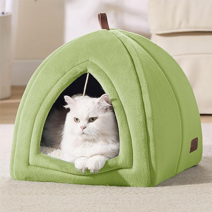 Bedsure Cat Beds for Indoor - 2 in 1 Cat Cave House Tent for Kittens and Small Pets with Removable Washable Cushioned Pillow, Foldable Kitten Hideaway with Non-Slip Bottom, Green, 16 inches