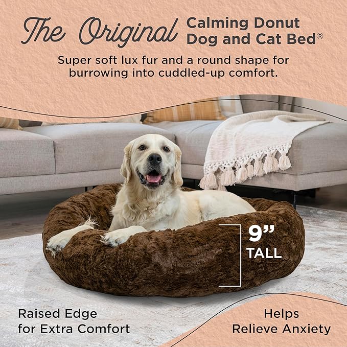 Best Friends by Sheri Original Calming Donut Dog and Cat Bed, Lux Faux Fur, Dark Brown, (36in x 36in) - Anxiety Relief for Pets Up to 100 lbs