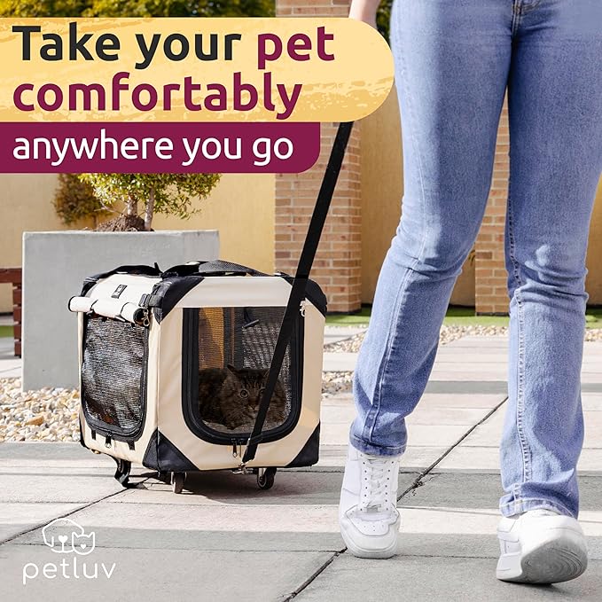 Large Cat Carrier on Wheels & Dog Carrier for 2 Cats or Medium Dog. Rolling, Soft Sided Pet Carrier for Travel. Collapsible, Portable Cat Bag with Soft Bed, Top & Side Loading, Locking Zippers