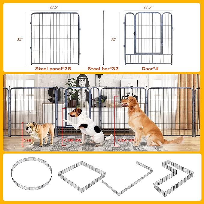 Dog Playpen,32/40/45 Inch Height in Heavy Duty, Folding Indoor Outdoor Anti-Rust Dog Exercise Fence, Portable Pet Playpen with Door for Large Medium Small Dogs and Pet (32 Panels, 32 Inch) Silver