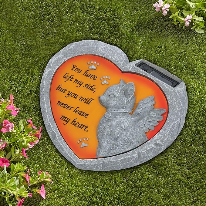 BAYN Cat Pet Memorial Stones Gifts, Solar Heart Shaped Pet Memorial Headstone Grave Markers for Loved Ones Loss of Cat Sympathy Gift Garden Stone Statue