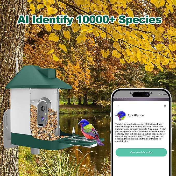 Bird Feeder with Camera,Smart Birdwatching Camera with Solar Powered,AI Identify Species,Instant Notifications,FHD Live View,Auto Record Video in Backyard,Ideal Gifts for Family and Bird Lovers