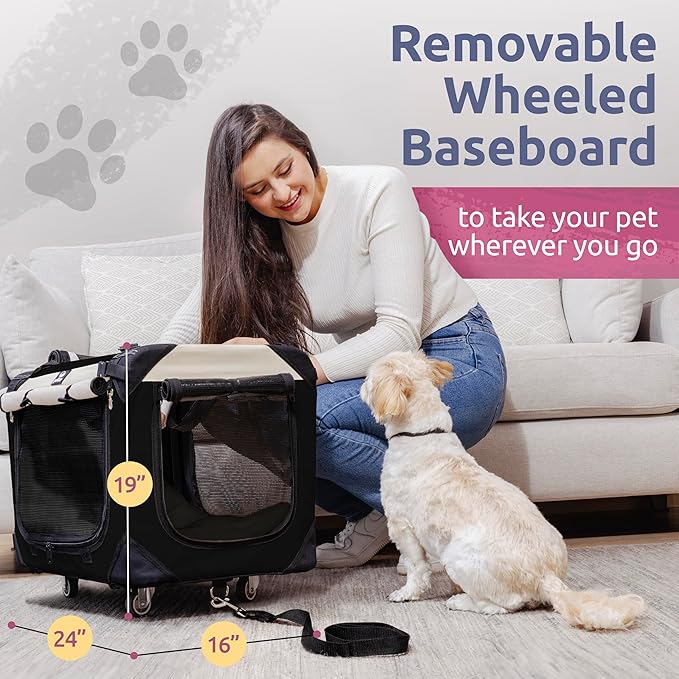 Large Pet Carrier on Wheels. Holds 2 Cats or Medium Dog. Rolling, Soft Sided Cat Carrier & Dog Crate for Travel. Collapsible, Portable Cat Bag with Soft Bed, Top & Side Loading, Locking Zippers