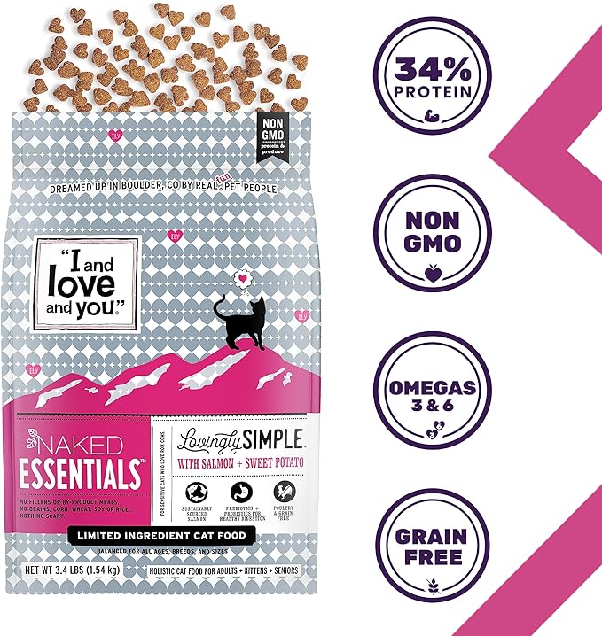 I and love and you Lovingly Simple Dry Cat Food - Salmon + Sweet Potato - Limited Ingredients, Allergy Friendly, No Fillers, Grain Free, 3.4lb Bag
