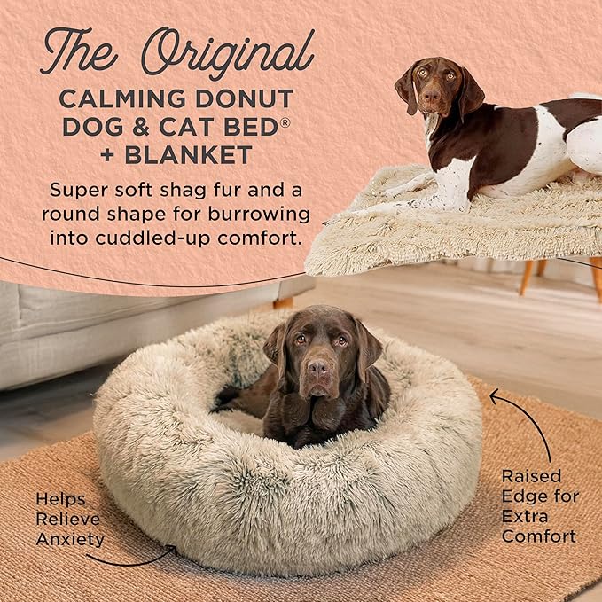Best Friends by Sheri Bundle Set The Original Calming Shag Donut Cuddler Cat and Dog Bed + Pet Throw Blanket, Taupe, Large, 36x36