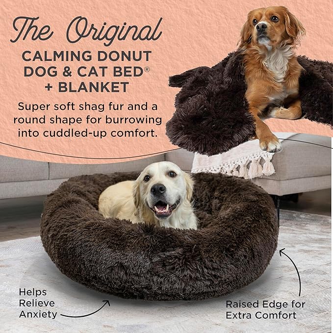 Best Friends by Sheri Bundle Set The Original Calming Shag Donut Cuddler Cat and Dog Bed + Pet Throw Blanket, Dark Chocolate, Large, 36x36