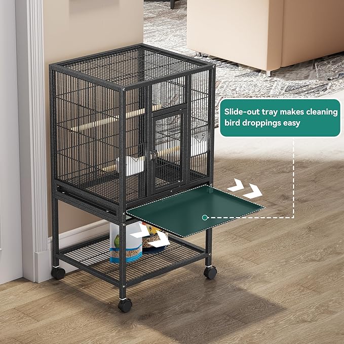 YITAHOME 41 inches Metal Bird Cage for Parakeets: Large Parrot Cages with Tray, Food Boxes, and Wooden Perches with Rolling Stand & Brakes for Lovebirds Cockatiels Pigeon Finches, Black