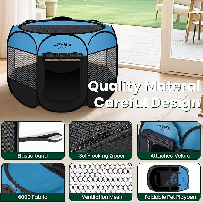 Love's cabin Pet Puppy Dog Playpen, Small Dog Tent Crates Cage Indoor/Outdoor, Portable Playpen for Cat, Foldable Pop Up Dog Kennel Playpen with Carring Case, Removable Zipper Top, Blue