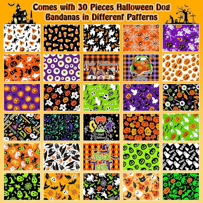 30 Pcs Halloween Dog Bandanas Bulk Adjustable Dog Scarves Bibs Pumpkin Bat Ghost Puppy Bandanas Pet Neckerchief Washable Holiday Halloween Bandanas for Small Medium Large Dog Pet Grooming Accessories