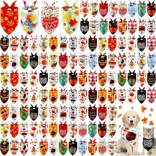 Sanwuta 120 Pcs Fall Dog Bandanas Bulk Pumpkin Maple Leaves Scarfs Autumn Thanksgiving Dog Pet Bibs Adjustable Triangle Kerchief Costume Accessories for Small Medium Large Pets Grooming Supplies