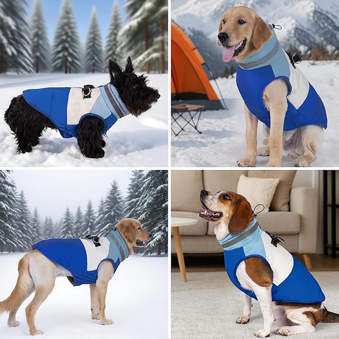 azuza Dog Jacket for Medium Dogs Waterproof Dog Coat with Reflective Strips and Harness Built in Warm Fleece Dogs Winter Coat Windproof with Back Zipper, Blue XL
