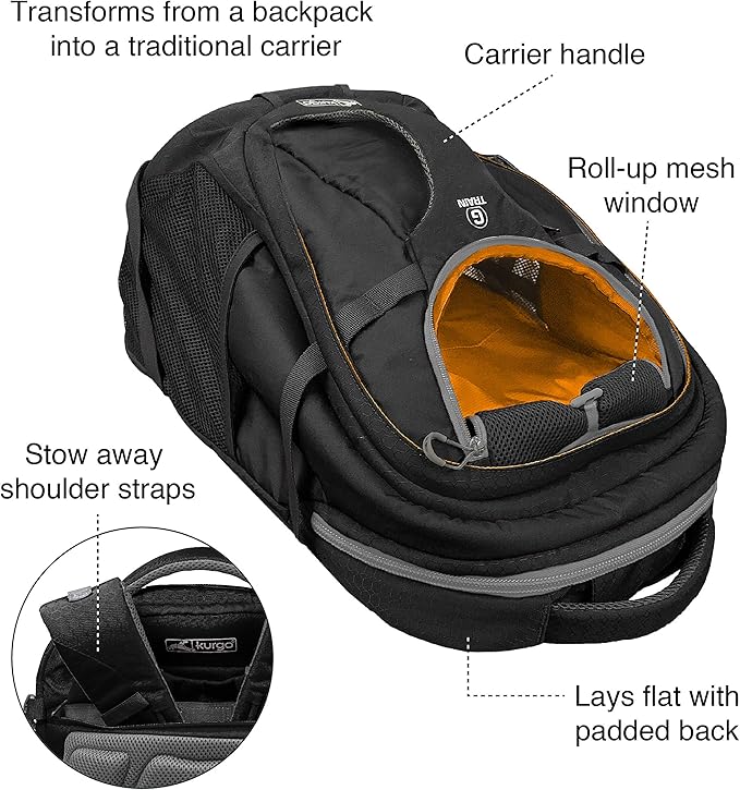Kurgo G-Train Dog Carrier Backpack - Comfortable Travel Bag for Pets Up to 25 lbs - Waterproof Bottom - Multi-Compartment Pack - Dog Hiking Gear - Rugged Adventure Backpack - Black