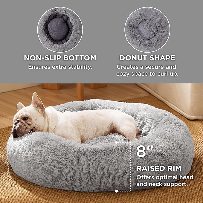 Bedsure Calming Dog Bed for Small Dogs - Donut Washable Small Pet Bed, 23 inches Anti-Slip Round Fluffy Plush Faux Fur Large Cat Bed, Fits up to 25 lbs Pets, Pale Grey