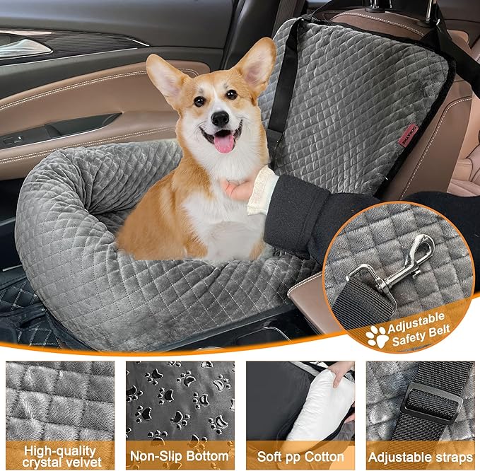 Sephyroth Dog Car Seat for Small/Medium Dogs, Washable Pet Travel Safety Seat, Super Soft Removable, Fits All Cars (Gray)