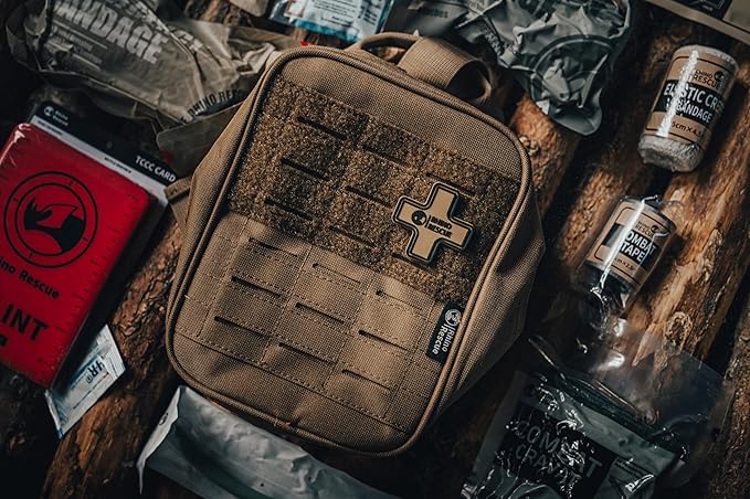 RHINO RESCUE IFAK Trauma Kit with Tourniquet for Wound Care, Tactical First Aid Kit Molle Pouch for Military, Combat, Car, Camping, Hiking, Travel (Coyote Brown)