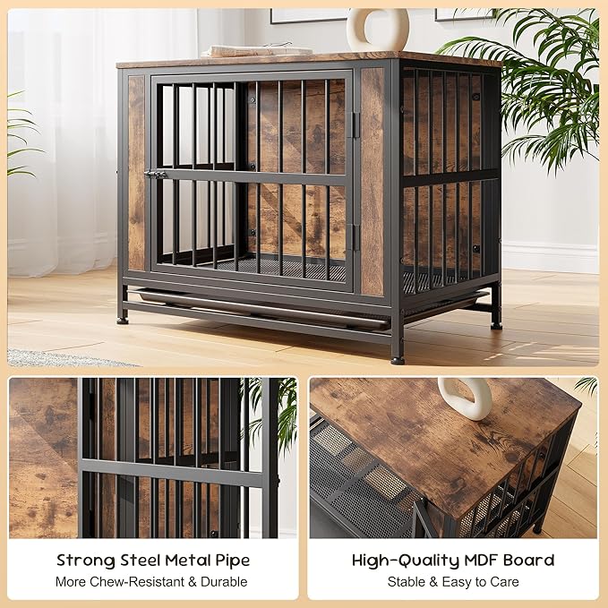 Rustic Medium Dog Cage Furniture, Brown Wooden Dog Crate Kennel Furniture, Decorative Dog House Indoor End Table for Small Medium Dog