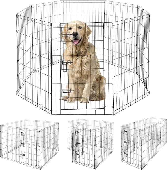 Foldable Outdoor/Indoor Pet Playpen with Gate, Available in 36 Inch Height Metal Portable Kennel, Heavy-Duty Exercise Fence Cage 8 Panels for Large Dog, Animals