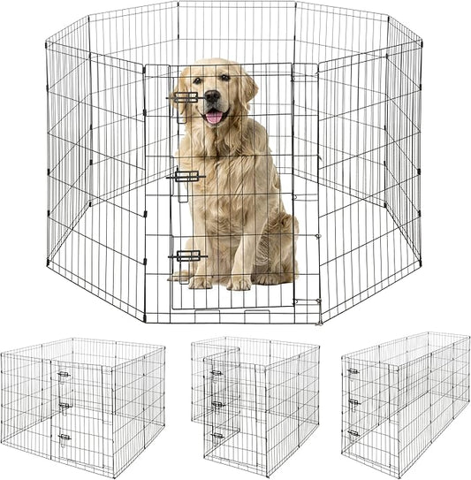 Foldable Outdoor/Indoor Pet Playpen with Gate, Available in 36 Inch Height Metal Portable Kennel, Heavy-Duty Exercise Fence Cage 8 Panels for Large Dog, Animals