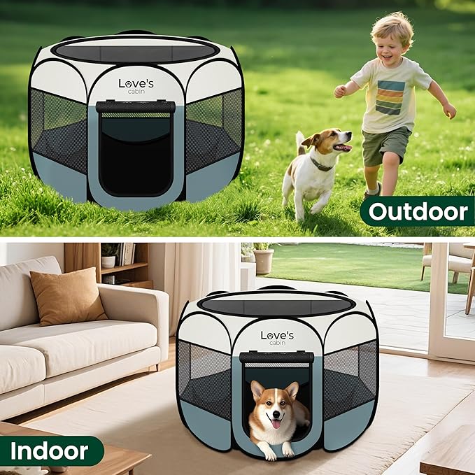 Love's cabin Pet Puppy Dog Playpen, Small Dog Tent Crates Cage Indoor/Outdoor, Portable Playpen for Cat, Foldable Pop Up Dog Kennel Playpen with Carring Case, Removable Zipper Top, Moss Green