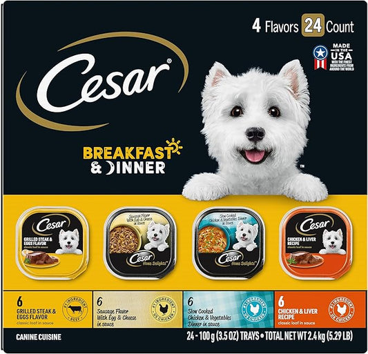 Cesar Wet Dog Food Home Delights & Classic Loaf in Sauce, Breakfast & Dinner Variety Pack, 3.5 oz. Easy Peel Trays (24 Count, Pack of 1)
