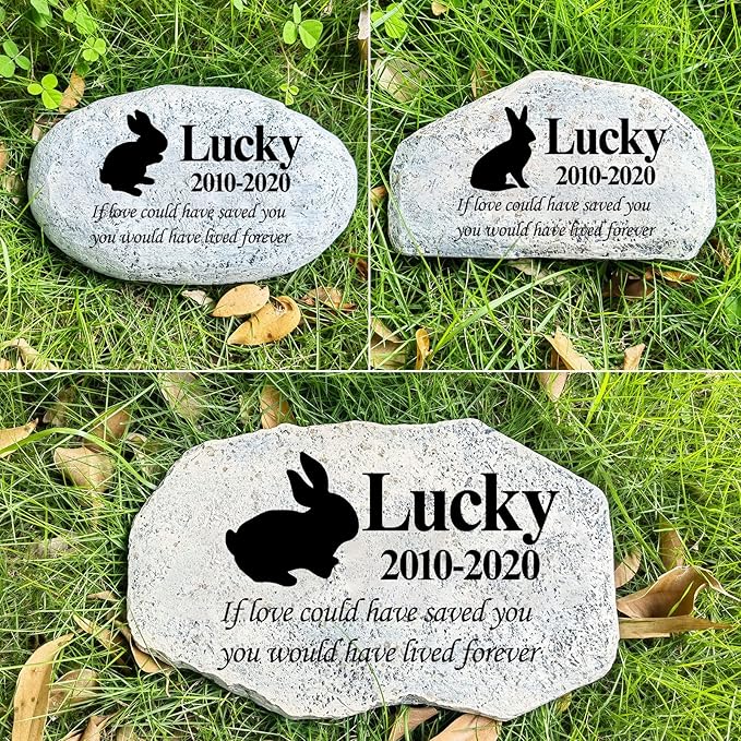 Zatanmulo Personalized Pet Memorial Stone, Garden Memorial Stone Personalized, Rabbit Headstone, Rabbit Tombstone, Memorial Plaque Outdoor, Garden Stepping Stone (Rabbit)