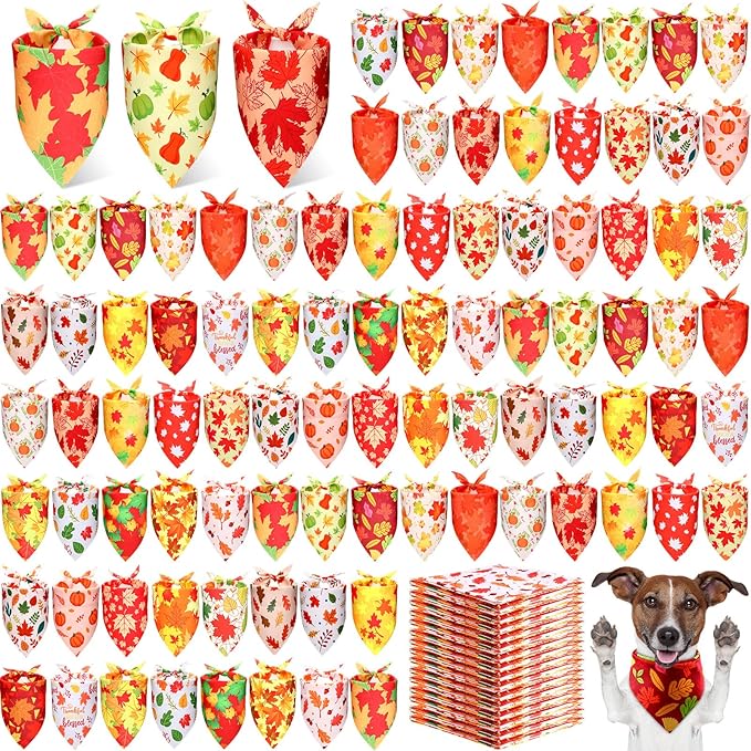 Preboun 200 Pcs Fall Pumpkin Dog Bandanas Bulk Maple Leaves Bandanas for Dogs Pets Triangle Kerchief Bibs Scarf for Thanksgiving Costume Photo Props Accessories Pet Shops Adoption Events, 25 Styles
