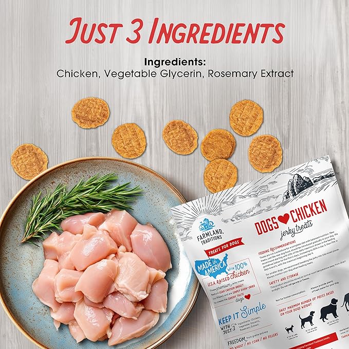 Farmland Traditions Dogs Love Chicken Jerky Dog Treats, Premium Two-Ingredient Dog Jerky with USA-Raised Chicken, 3-Pound Bag