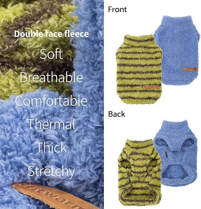 Fitwarm 2 Pack Striped Fleece Dog Sweater, Warm Winter Clothes for Small Dogs Boy Girl, Fuzzy Pet Outfit, Sky Blue, Olive Green, XL