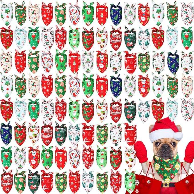Abbylike 100 Pieces Christmas Dog Bandanas Bulk Xmas Bandanas for Dogs Triangle Kerchief Set Bibs Scarf with Christmas Patterns for Pets Costume Accessories Decoration