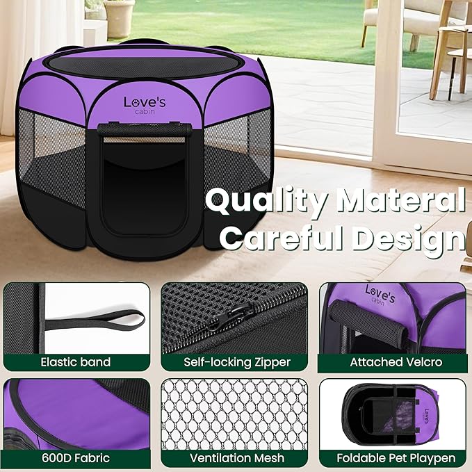 Love's cabin Pet Puppy Dog Playpen, Small Dog Tent Crates Cage Indoor/Outdoor, Portable Playpen for Cat, Foldable Pop Up Dog Kennel Playpen with Carring Case, Removable Zipper Top, Purple