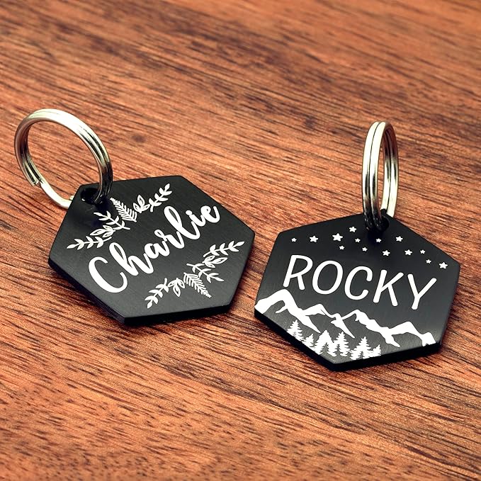 Ultra Joys Stainless Steel Pet ID Tag Dog Name Tags Personalized Front and Back Engraving, Customized Dog Tags and Cat Tag, Optional Engraved on Both Sides, Hexagon Tag with Vine Design, Small