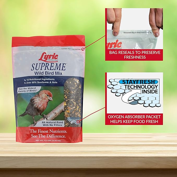 Lyric Supreme Wild Bird Seed for Outside Feeders - Wild Bird Food Mix with Nuts & Sunflower Seeds, Attracts Many Beautiful Songbirds, 13.5 lb (Pack of 3-4.5 lb Bags)