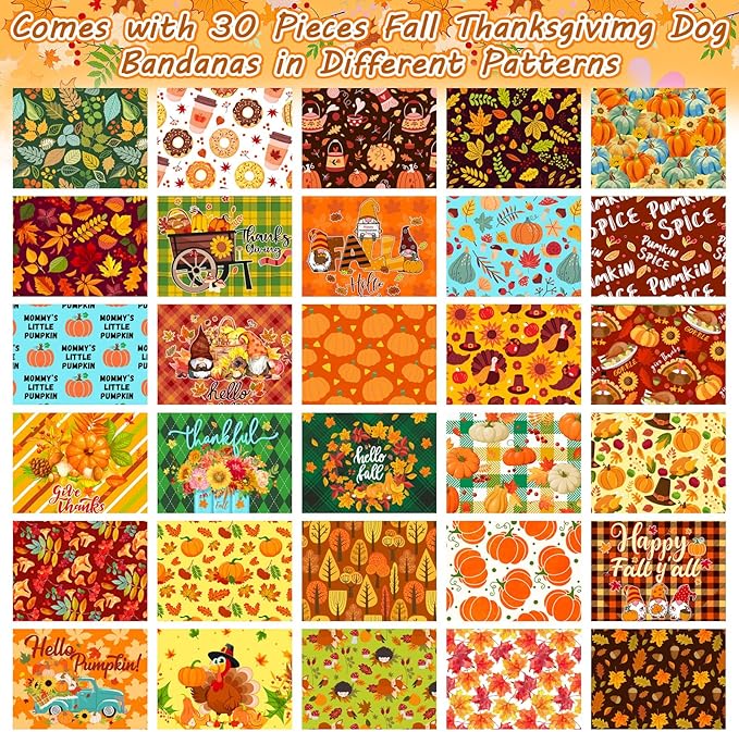 30 Pcs Fall Dog Bandanas Bulk Adjustable Dog Scarves Pumpkin Turkey Puppy Bandanas Autumn Pet Neckerchief Washable Thanksgiving Holiday Bandana for Small Medium Large Dog Pet Grooming Accessories