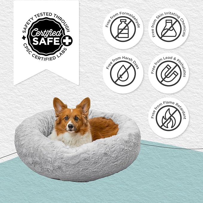 Best Friends by Sheri Original Calming Donut Dog and Cat Bed, Lux Faux Fur, Gray, (30in x 30in) - Anxiety Relief for Pets Up to 45 lbs