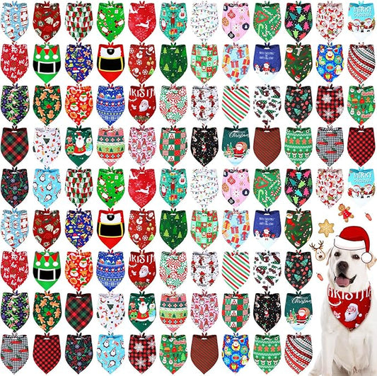 Newwiee 100 Pcs Christmas Dog Bandanas Bulk for Dogs Triangle Bibs Scarf Holiday Xmas Soft Breathable Dog Christmas Scarf Accessories for Large Dog Puppy Cat