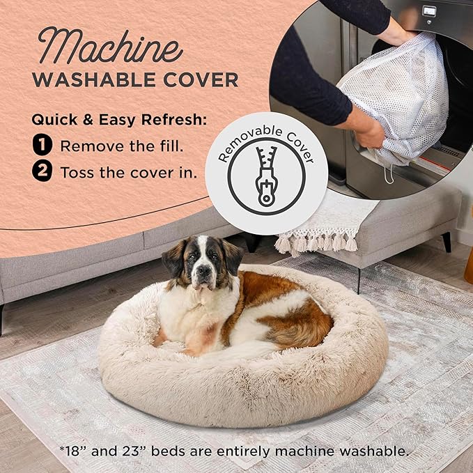 Best Friends by Sheri Bundle Set The Original Calming Shag Donut Cuddler Cat and Dog Bed + Pet Throw Blanket, Taupe, Large, 36x36