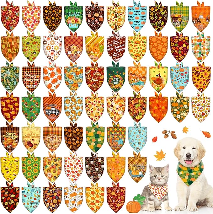 60 Pcs Fall Thanksgiving Dog Bandanas Bulk Adjustable Dog Scarves Pumpkin Turkey Puppy Bandanas Autumn Pet Neckerchief Washable Holiday Bandana for Small Medium Large Dog Pet Grooming Accessories