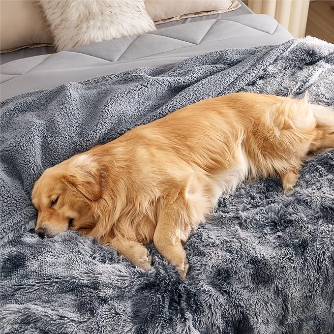 Bedsure Waterproof Dog Blankets for Large Dogs - Cat Blanket for Bed Couch Protector Washable Long Faux Fur, Calming Soft Reversible Throw Furniture Protection for Puppy Pet, 60"x80", Tie-dye Grey