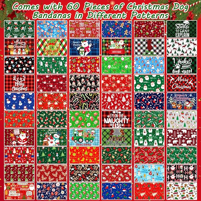 60 Pcs Christmas Dog Bandanas Bulk Adjustable Triangle Dog Scarves Bibs Xmas Puppy Bandanas Pet Neckerchief Washable Holiday Dog Bandana Christmas Party Small Medium Large Dog Pet Grooming