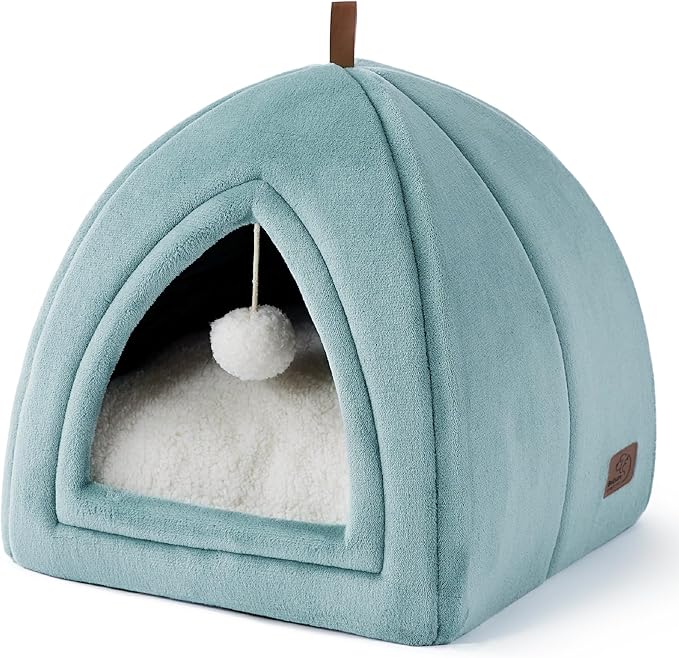 Bedsure Cat Beds for Indoor - 2 in 1 Cat Cave House Tent for Kittens and Small Pets with Removable Washable Cushioned Pillow, Foldable Kitten Hideaway with Non-Slip Bottom, Ocean Blue, 17.3 inches