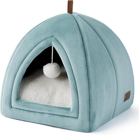 Bedsure Cat Beds for Indoor - 2 in 1 Cat Cave House Tent for Kittens and Small Pets with Removable Washable Cushioned Pillow, Foldable Kitten Hideaway with Non-Slip Bottom, Ocean Blue, 17.3 inches