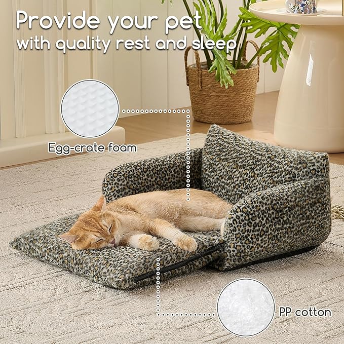 Hollypet Cat Bed Fluffy Plush Mutifuctional Double-Layer Soft Pet Couch Orthopedic Sofa Nest Beds for Small Cats and Dogs, Black Leopard (21x15x8 inch)