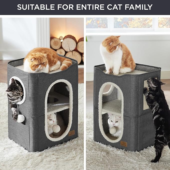 Bedsure 2 Story Cat House - Cat Condos for Indoor Cats with Scratch Pad and Fluffy Ball Hanging, Small Pet Cave Furniture Hideaway for Multi Pets, 18x14x23 inches, Dark Grey